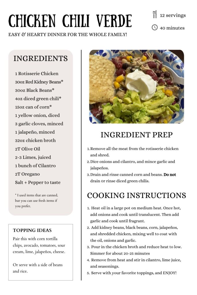 downloadable recipe page that features the ingredient list, recipe instructions and an image of the chicken and bean chili.